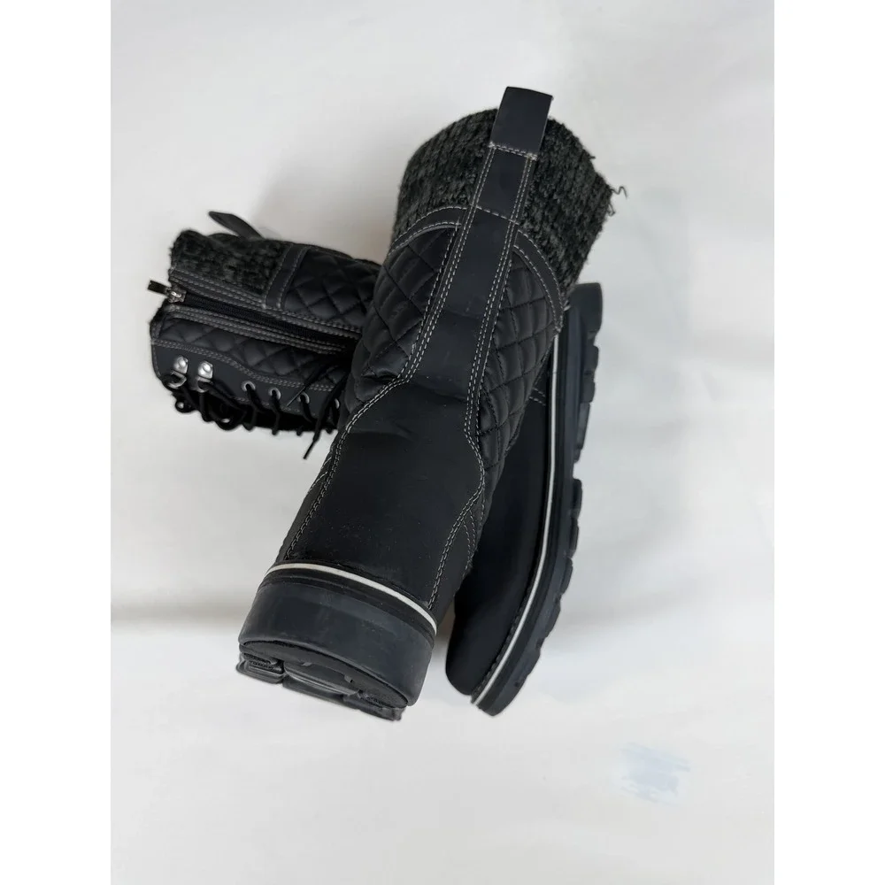 Polar Black Quilted Winter Boots Lace Up Side Zip Faux Fur Trim Womens 10 EU 41